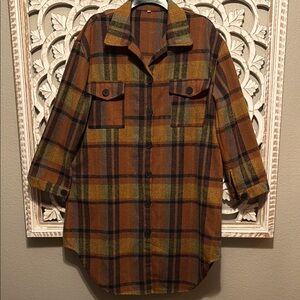 Plaid Button-Up Shacket with Pockets Large